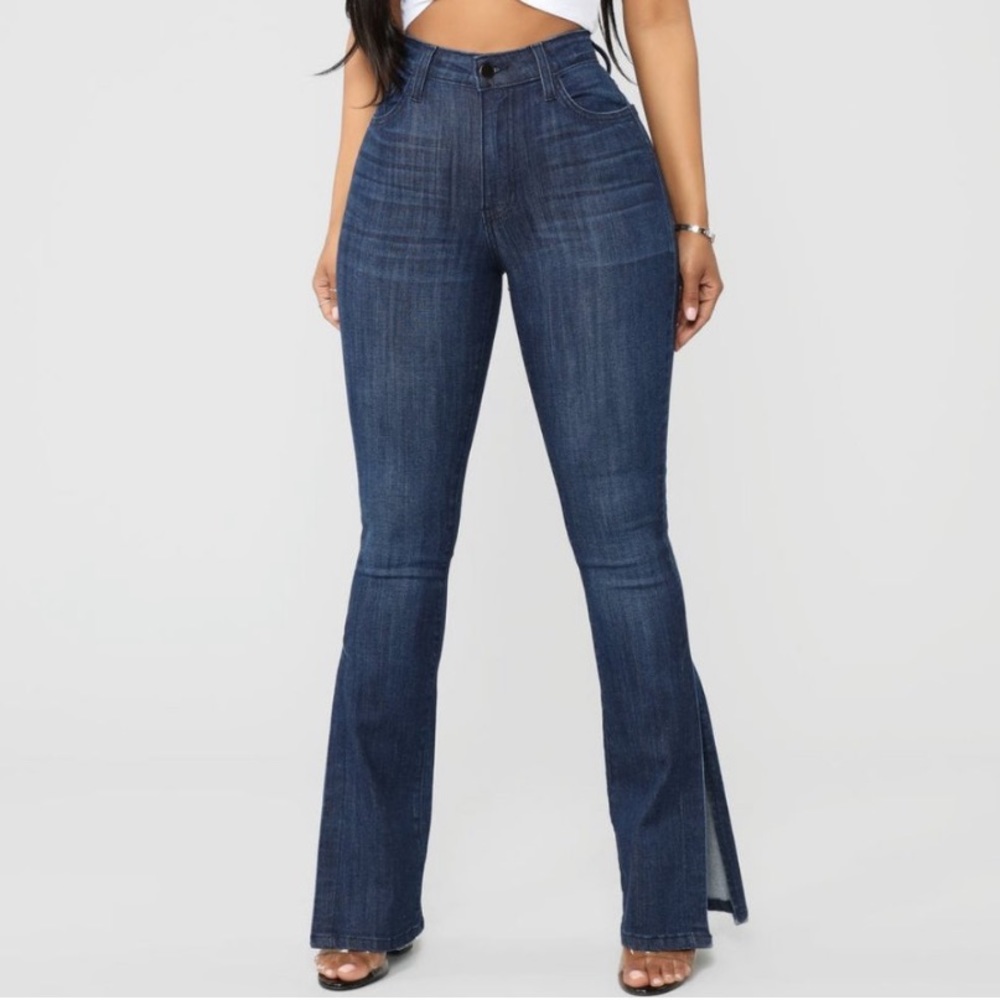 High Rise Dark Wash Slit Flare Denim Jeans, Size: 1